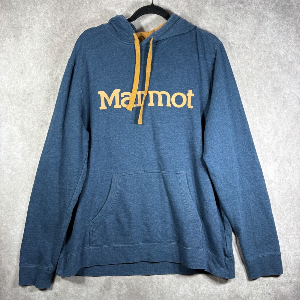 Marmot Hoodie Sweatshirt Mens XL Blue Pullover Logo Outdoor Fleece Activewear